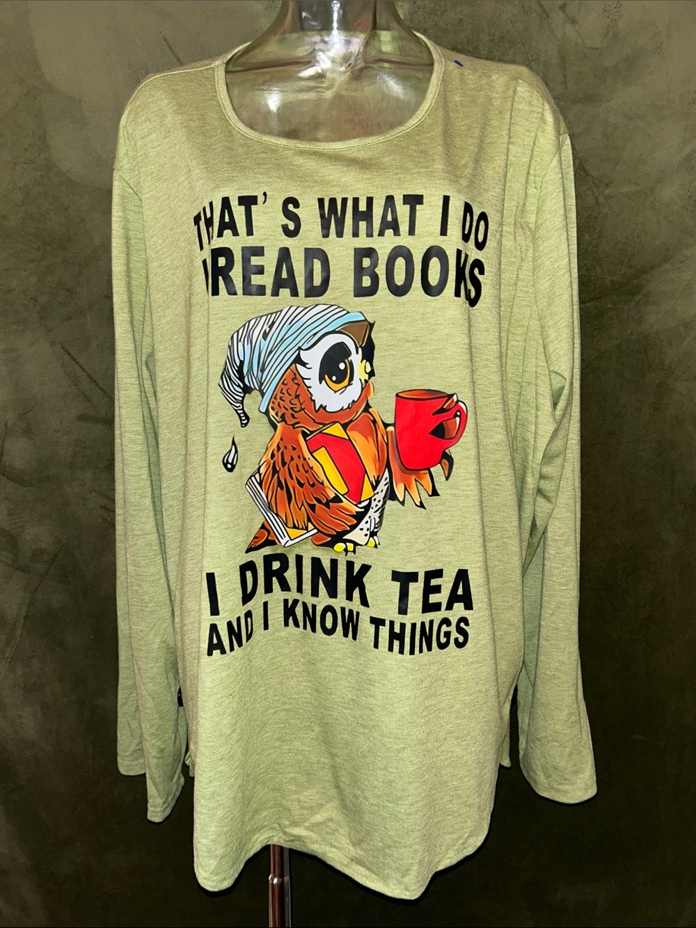 Light Green Long-Sleeve Graphic Tee with Owl and Tea Motif